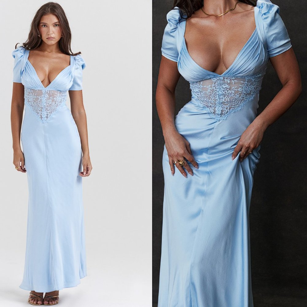 House of CB 'Rafaela' Soft Blue & Pure Silk Lace Maxi Dress NWT